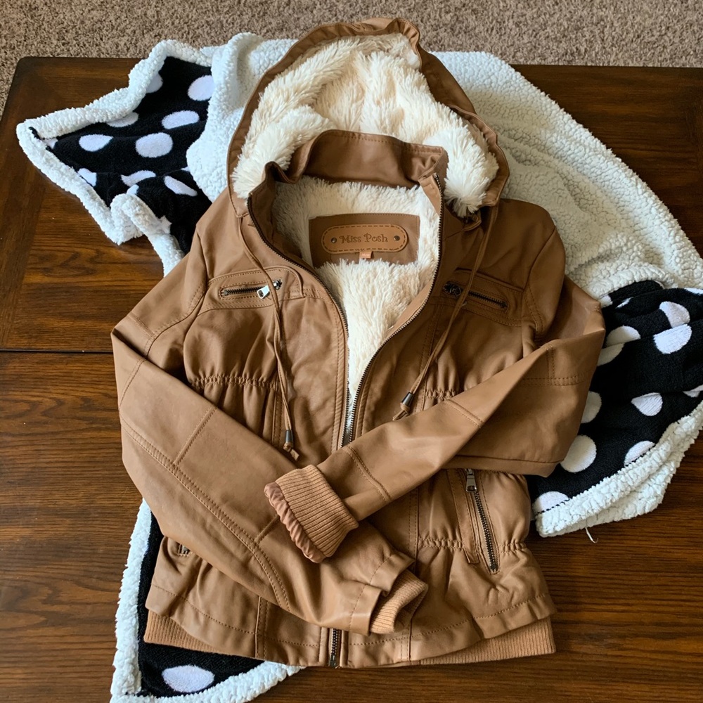 Faux leather, junior size jacket, removable hood
